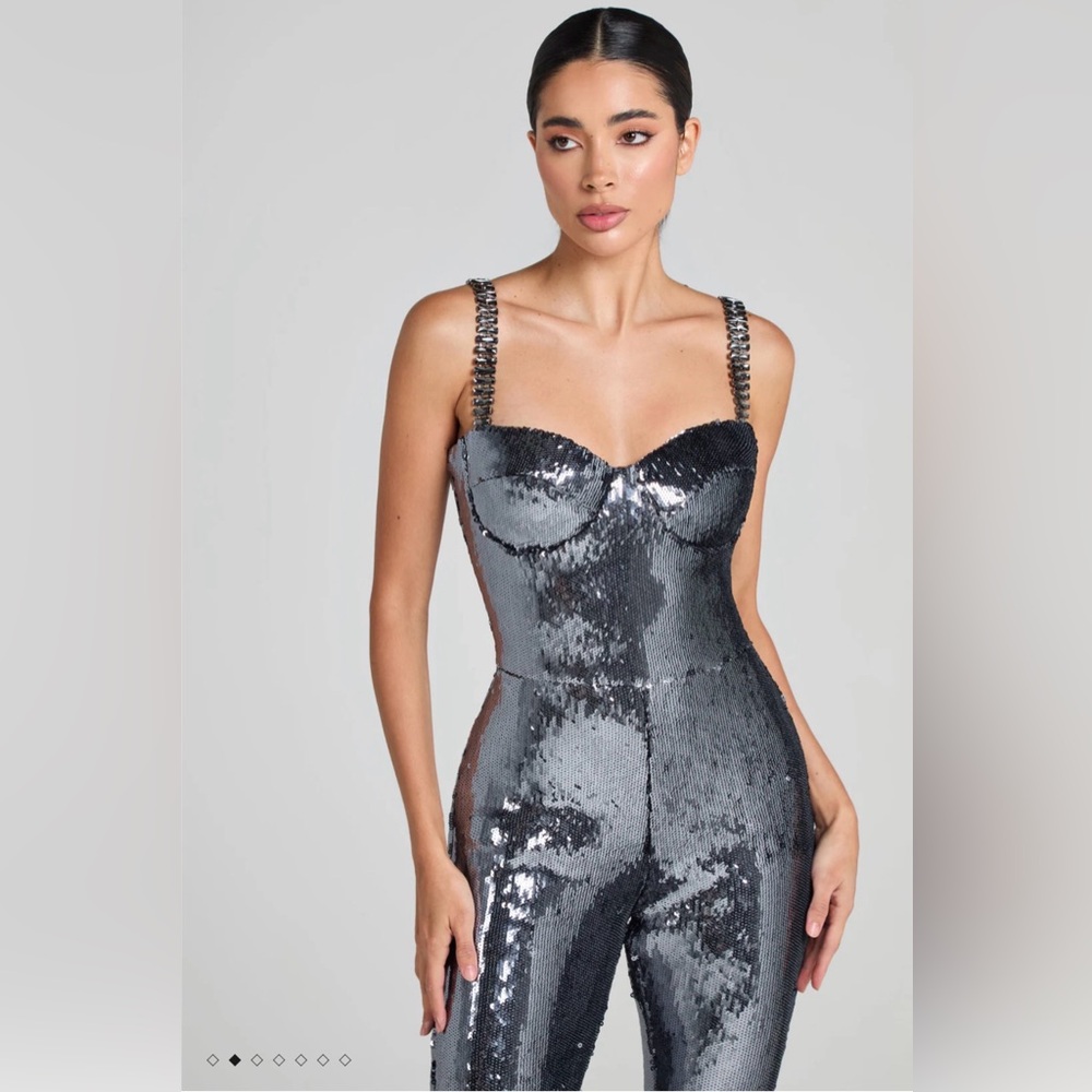 NADINE MERABI Beverly Silver Sequin Jumpsuit - Picture 4 of 15